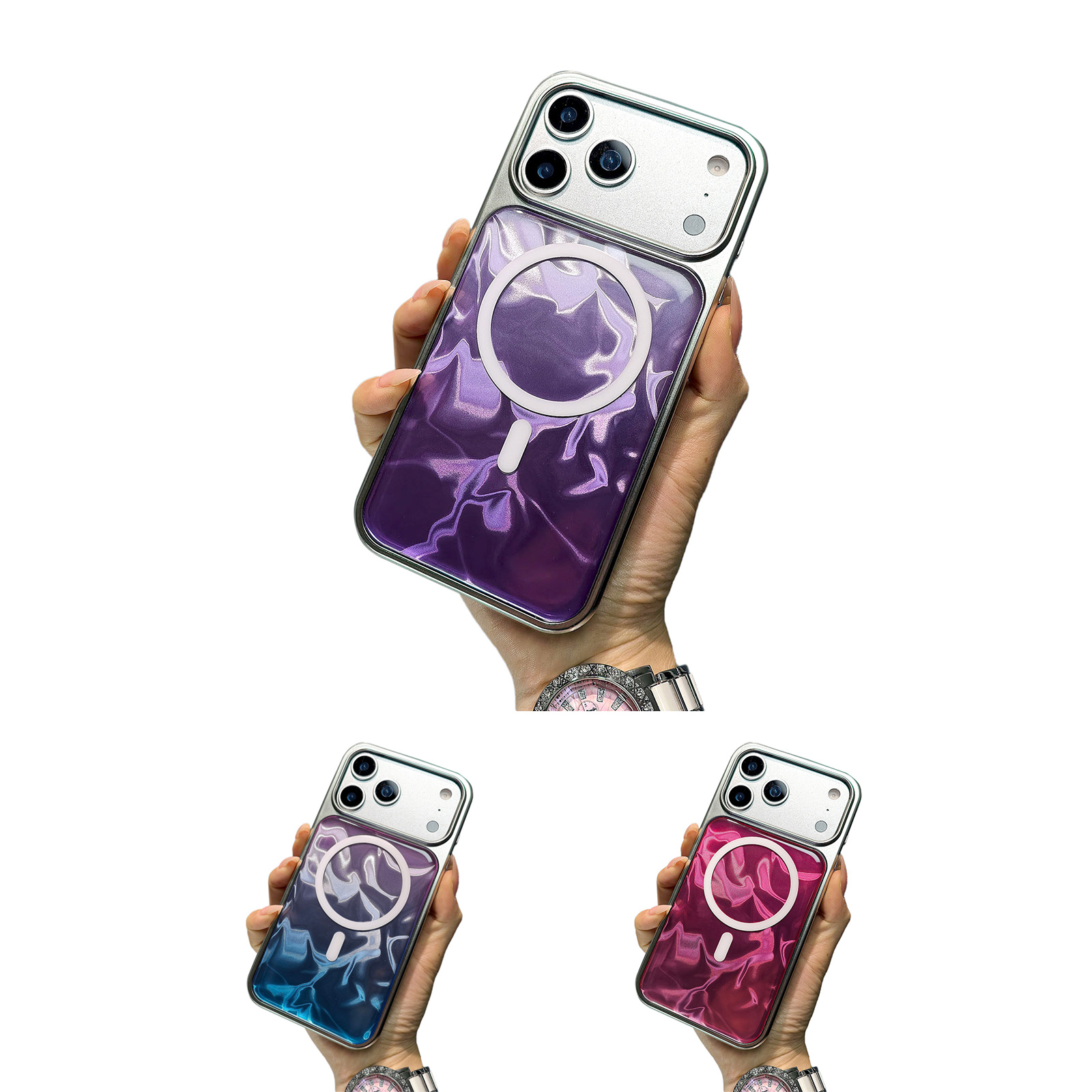 Iridescent Wave Phone Case for iPhone 17 Pro - Gradient with MagSafe Compatible Design - purple / purple + blue / pink