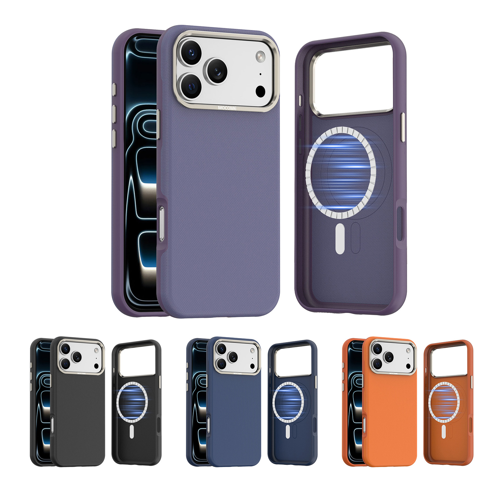 matte grid texture case with metal camera frame and wireless charging support for iphone 17 pro max - purple / black / blue / orange