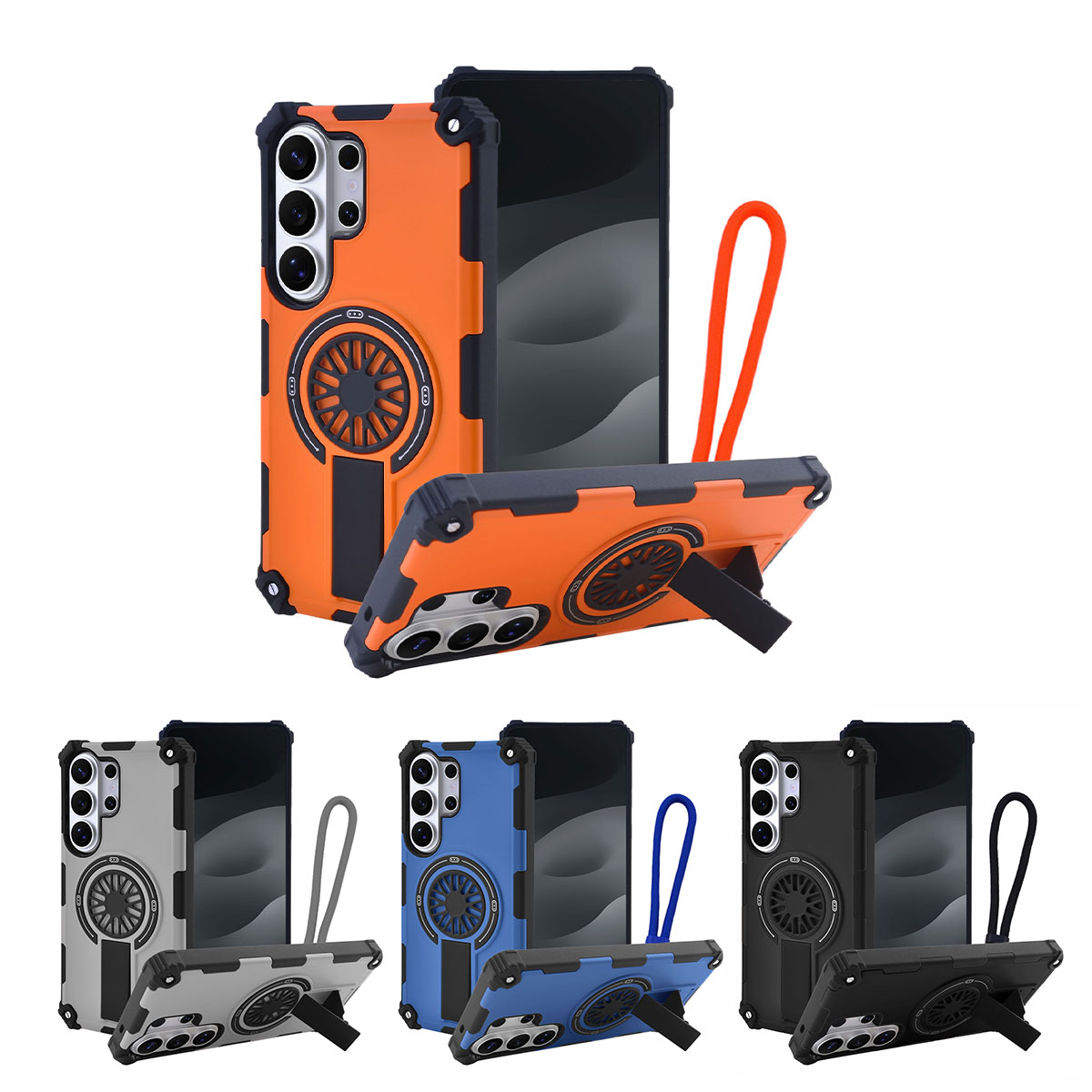Rugged Magnetic Case with Foldable Kickstand and Wrist Strap for S26 Ultra - purple / black / blue / orange