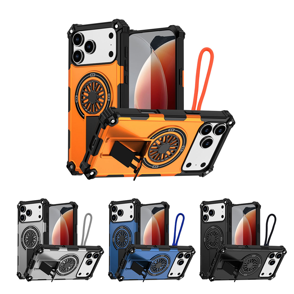 Rugged Magnetic Case with Foldable Kickstand & Wrist Strap for iPhone 17 Pro - purple / black / blue / orange