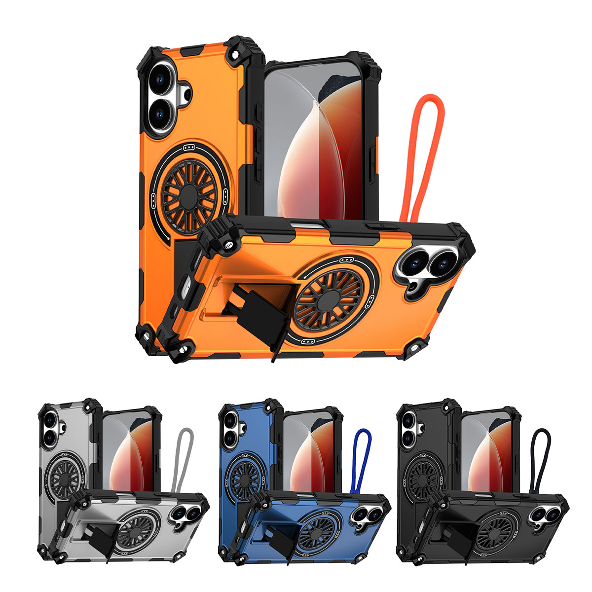 Rugged Magnetic Case with Foldable Kickstand and Wrist Strap for iPhone 17 - purple / black / blue / orange