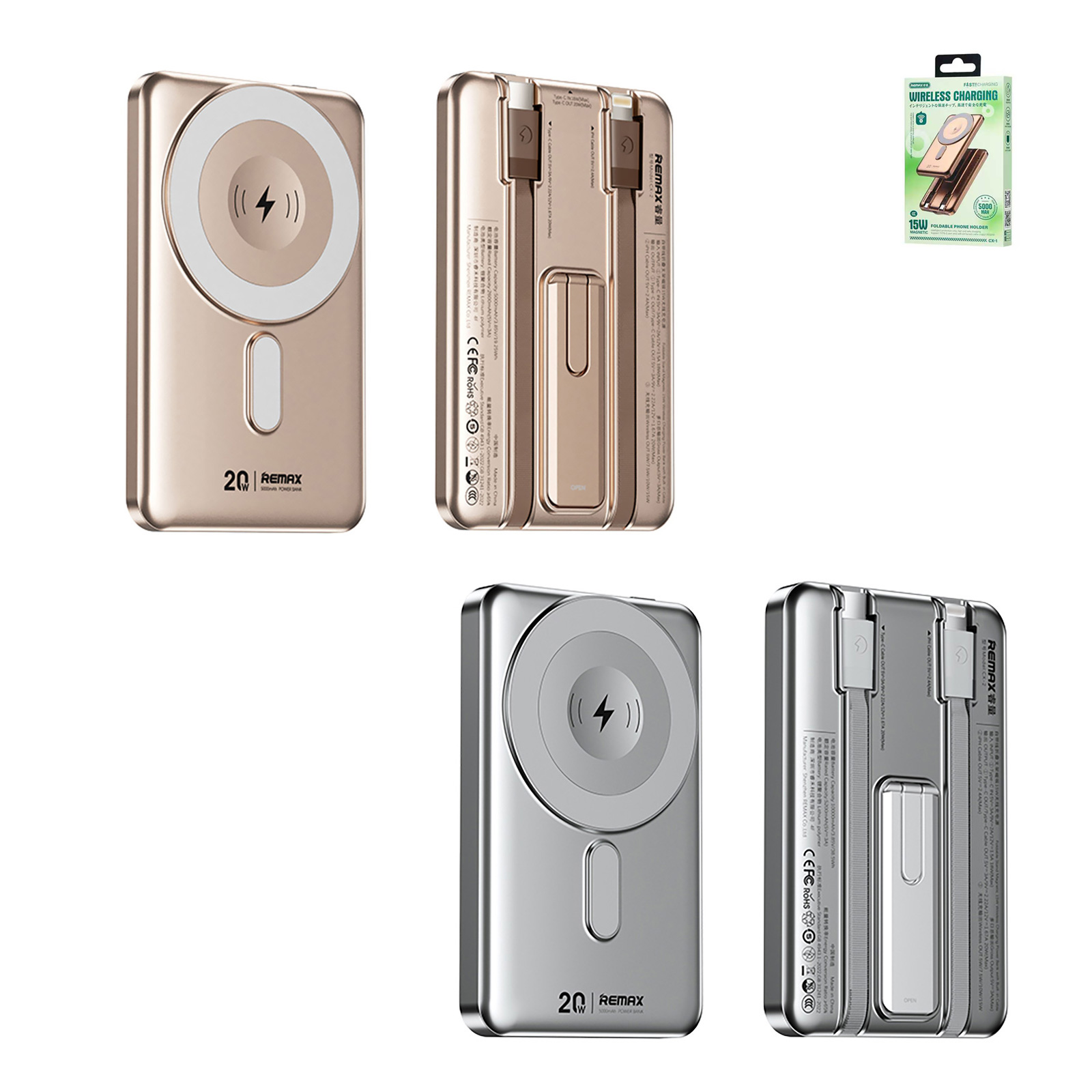 10000mAh PD 15W Magnetic Wireless Power Bank, Fast Charging Battery Pack with Zinc Alloy Holder Built-in USB C and 8 Pin Cable